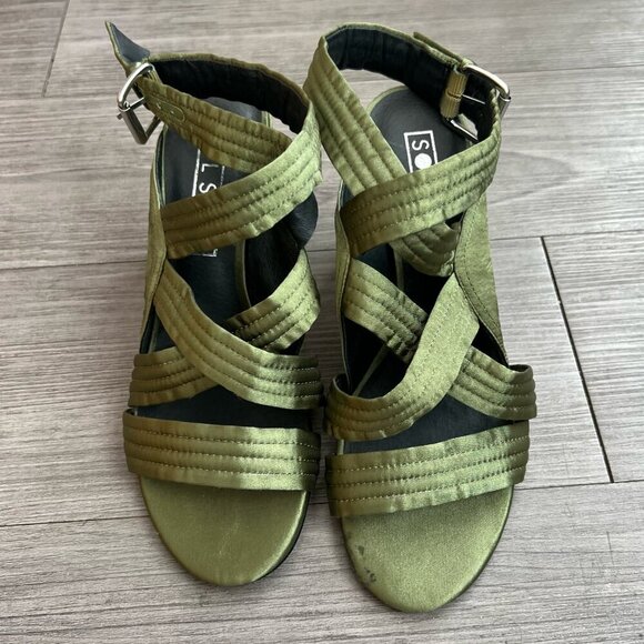Sol Sana Strappy Block Heel Gabby Heel in Forest Green Satin Size EU38 / W7 - Picture 2 of 8